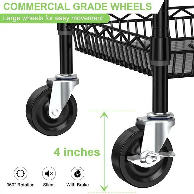Alt view image 3 of 7 - 1050Lbs Heavy Duty 3 Tier Rolling Utility Metal Storage Cart with Wheels | Commercial Grade Cart with Handle Bar & Shelf Liner Trolley Wire Serving Cart for Garage, Kitchen, Restaurant