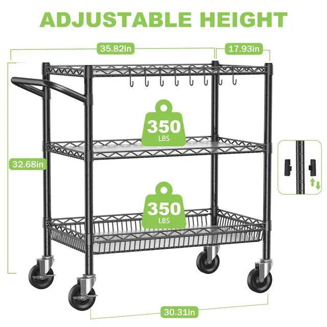 Alt view image 2 of 7 - 1050Lbs Heavy Duty 3 Tier Rolling Utility Metal Storage Cart with Wheels | Commercial Grade Cart with Handle Bar & Shelf Liner Trolley Wire Serving Cart for Garage, Kitchen, Restaurant