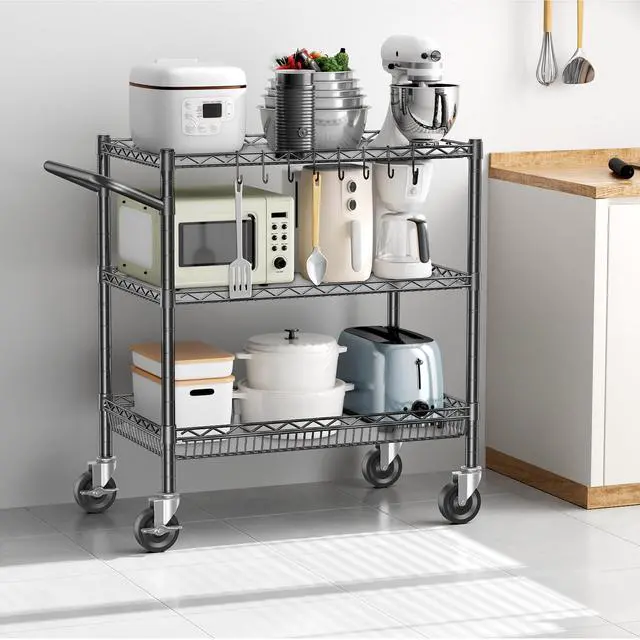 Alt view image 6 of 7 - 1050Lbs Heavy Duty 3 Tier Rolling Utility Metal Storage Cart with Wheels | Commercial Grade Cart with Handle Bar & Shelf Liner Trolley Wire Serving Cart for Garage, Kitchen, Restaurant