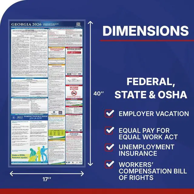 Alt view image 3 of 7 - 2026 Georgia State & Federal Mandatory Labor Law Poster, OSHA Compliant (English & Spanish Combo)