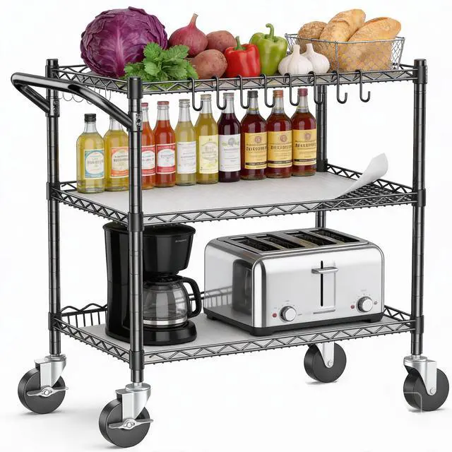 Alt view image 7 of 7 - 1050Lbs Heavy Duty 3 Tier Rolling Utility Metal Storage Cart with Wheels | Commercial Grade Cart with Handle Bar & Shelf Liner Trolley Wire Serving Cart for Garage, Kitchen, Restaurant