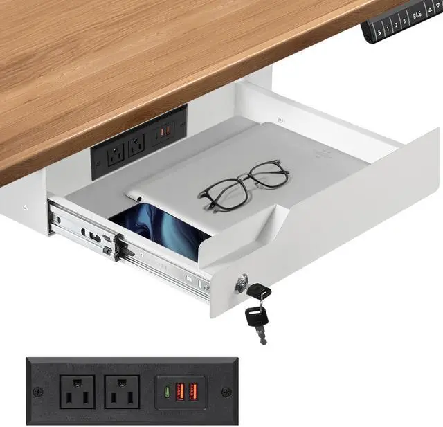 Main image of Under Desk Drawer Storage with Lock, Metal Undermount Table Drawer, Ball Bearing Slides Out Tray Organizer for Paper, Pencil, and Laptop,16"x11.8"x3.6", White With Power Strip