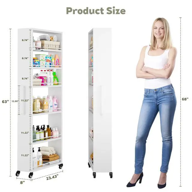 Alt view image 7 of 7 - 6-Tier Slim Rolling Storage Cart with Wheels, 8-Inch Deep Metal Utility Cart for Kitchen, Bathroom, Laundry, Craft Room Narrow Design for Easy Organization and Mobility (White)