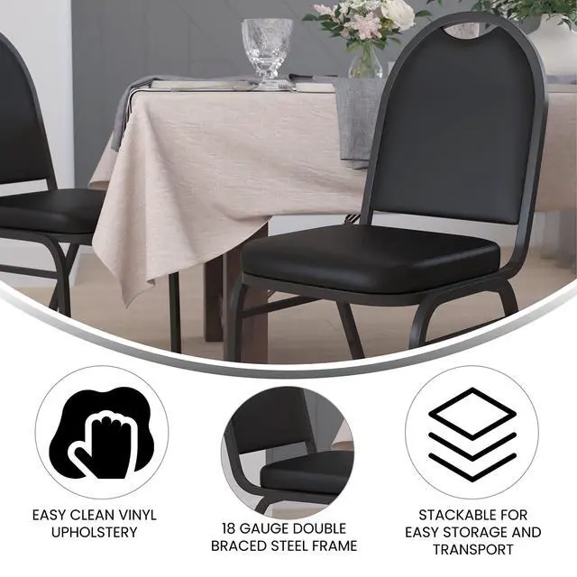 Alt view image 4 of 7 - HERCULES Commercial Grade 500 LB. Capacity Dome Back Stack Chair - Black Vinyl Upholstery - Black Metal Frame - Built-In Handle