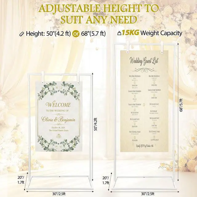 Alt view image 2 of 7 - 3 Pack Wedding Sign Holder Adjustable Metal Wedding Sign Stand with 8 Leather Straps Floor Display Easel Stand for Welcome Seating Chart Ceremony Reception Decor(White)