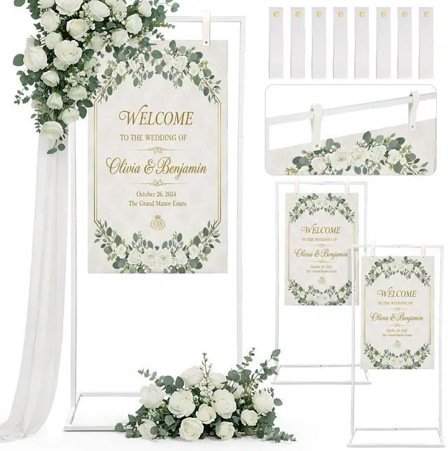 Main image of 3 Pack Wedding Sign Holder Adjustable Metal Wedding Sign Stand with 8 Leather Straps Floor Display Easel Stand for Welcome Seating Chart Ceremony Reception Decor(White)