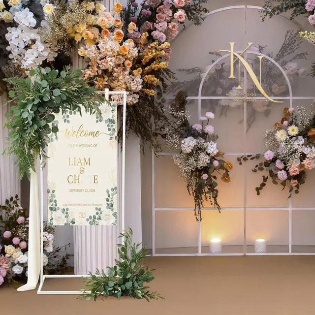 Alt view image 7 of 7 - 3 Pack Wedding Sign Holder Adjustable Metal Wedding Sign Stand with 8 Leather Straps Floor Display Easel Stand for Welcome Seating Chart Ceremony Reception Decor(White)