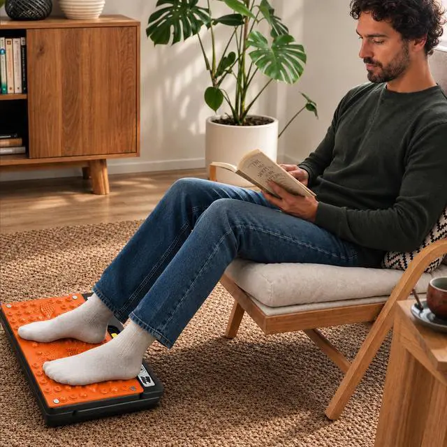Alt view image 2 of 6 - Footrest Under DeskHeight Adjustable footrest with Reflexology Pad | Foldable Ergonomic Foot Stool for Muscle Tension Relief, Suitable for Office, Home & All-Season Use(Orange)