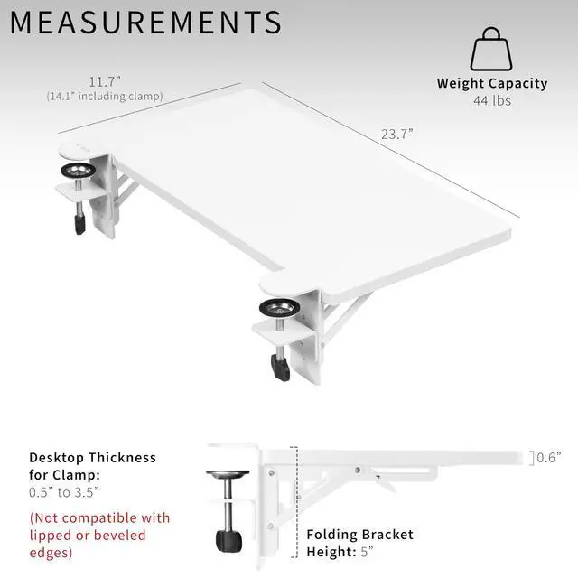 Alt view image 5 of 7 - White Clamp-on 24 x 12 in Desk Extender, DESK-EXT24W | Foldable, Wrist Support Arm Rest, Office Keyboard Tray, Side Table Extension Attachment