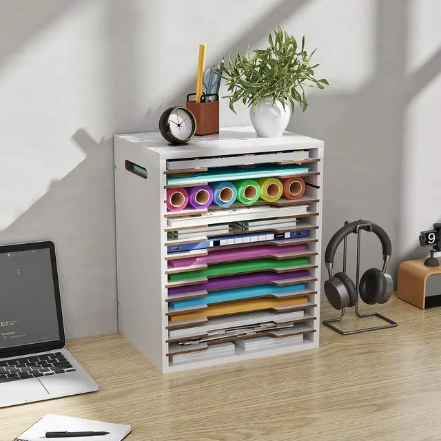 Alt view image 2 of 7 - 8.5x11 Scrapbook Paper Organizer Wood, 15 Tier Desk File Organizer with Handle, 9x12 Construction Paper Storage Holder Letter Tray Mail Sorter for Craft Room Home Office Classroom, White
