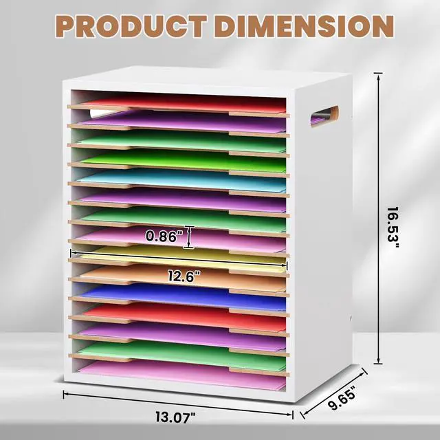 Alt view image 3 of 7 - 8.5x11 Scrapbook Paper Organizer Wood, 15 Tier Desk File Organizer with Handle, 9x12 Construction Paper Storage Holder Letter Tray Mail Sorter for Craft Room Home Office Classroom, White