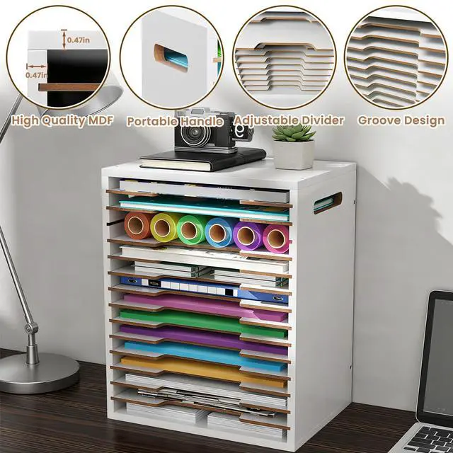 Alt view image 4 of 7 - 8.5x11 Scrapbook Paper Organizer Wood, 15 Tier Desk File Organizer with Handle, 9x12 Construction Paper Storage Holder Letter Tray Mail Sorter for Craft Room Home Office Classroom, White