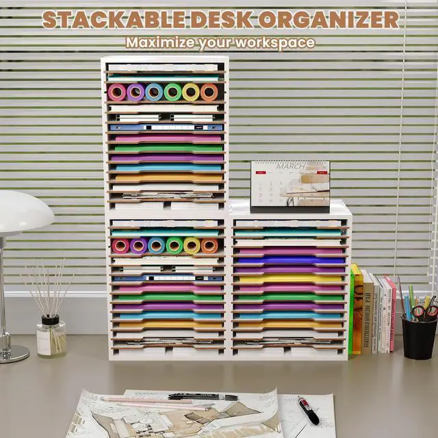 Alt view image 6 of 7 - 8.5x11 Scrapbook Paper Organizer Wood, 15 Tier Desk File Organizer with Handle, 9x12 Construction Paper Storage Holder Letter Tray Mail Sorter for Craft Room Home Office Classroom, White