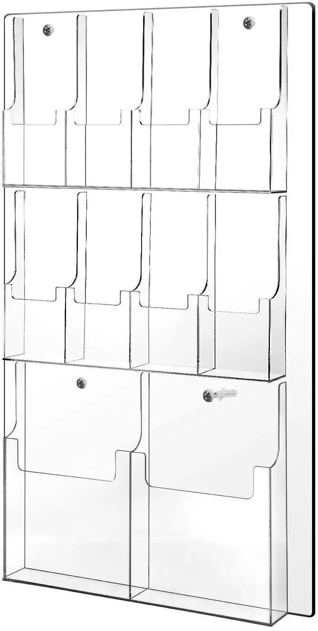 Main image of Acrylic Brochure Holder Wall Mount, Clear Plastic Pamphlet Holder Magazine Display Trifold Flyer Rack Hanging Literature Storage Organizer(2 Magazine Pockets, 8 Pamphlet Pockets)