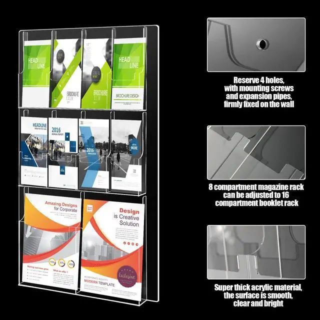 Alt view image 3 of 7 - Acrylic Brochure Holder Wall Mount, Clear Plastic Pamphlet Holder Magazine Display Trifold Flyer Rack Hanging Literature Storage Organizer(2 Magazine Pockets, 8 Pamphlet Pockets)
