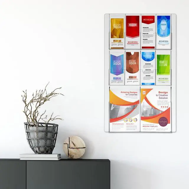 Alt view image 5 of 7 - Acrylic Brochure Holder Wall Mount, Clear Plastic Pamphlet Holder Magazine Display Trifold Flyer Rack Hanging Literature Storage Organizer(2 Magazine Pockets, 8 Pamphlet Pockets)