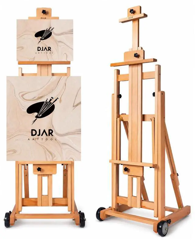 Main image of Large H-Frame Painting Easel for Adults, Solid Beech Wood, Walnut | Movable & Tilting Flat Floor Stand, Holds Canvases up to 78", Adjustable Heavy Duty Studio Art Easel for Artists