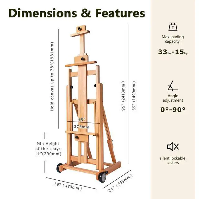 Alt view image 2 of 7 - Large H-Frame Painting Easel for Adults, Solid Beech Wood, Walnut | Movable & Tilting Flat Floor Stand, Holds Canvases up to 78", Adjustable Heavy Duty Studio Art Easel for Artists