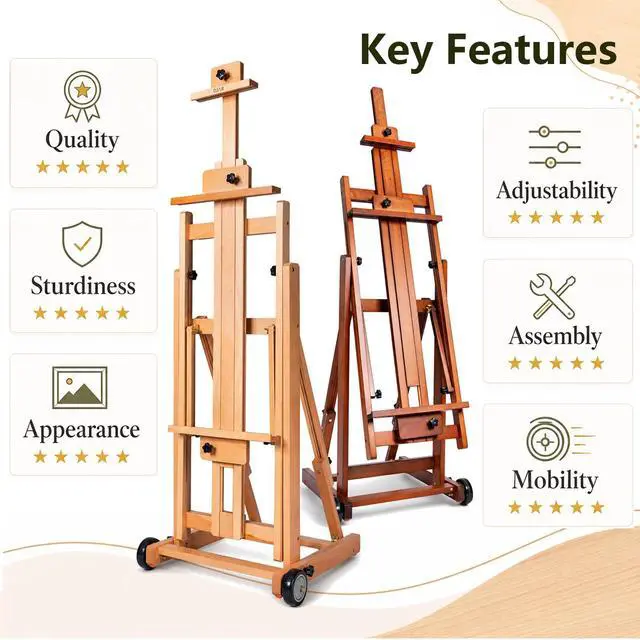 Alt view image 4 of 7 - Large H-Frame Painting Easel for Adults, Solid Beech Wood, Walnut | Movable & Tilting Flat Floor Stand, Holds Canvases up to 78", Adjustable Heavy Duty Studio Art Easel for Artists