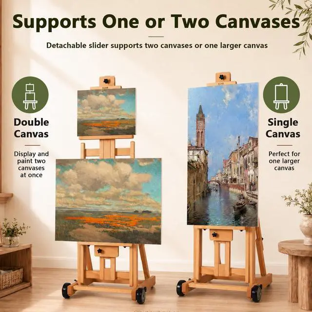 Alt view image 5 of 7 - Large H-Frame Painting Easel for Adults, Solid Beech Wood, Walnut | Movable & Tilting Flat Floor Stand, Holds Canvases up to 78", Adjustable Heavy Duty Studio Art Easel for Artists
