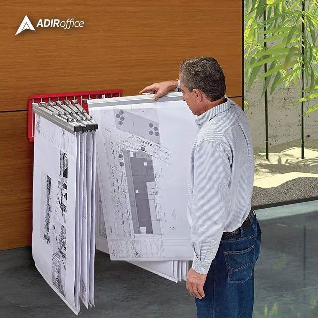 Alt view image 5 of 7 - Adir Wall Mount Blueprint Rack - Blue Print Organizer, Poster Wall Mount Display, Map Storage Holder with 12 Pivot Brackets - Plan Rack for Office (Without Blueprint Clamps)