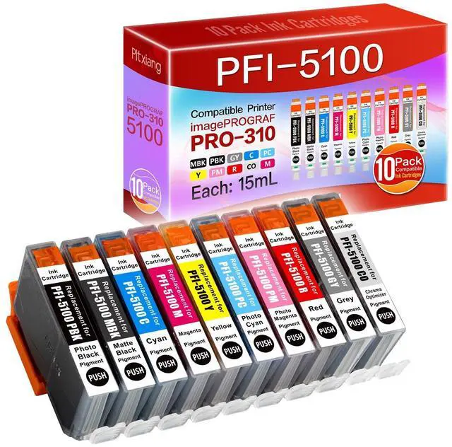 Main image of Compatible PFI-5100 Ink Cartridges, Compatible with Canon ImagePROGRAF PRO-310 Printer, 10-Color Pigment Ink, Wide-Format A3/A4 Printing