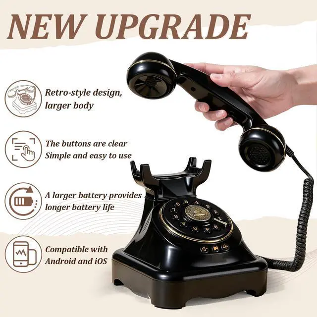 Alt view image 2 of 6 - Bluetooth Landline Phone, Retro Rotary Phone with Speakerphone, Music Playback, Voice Assistant Wake-Up, USB Charging for Home Office, Living Room, Bedside (Large Black)