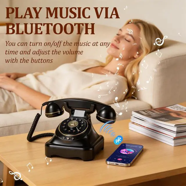 Alt view image 5 of 6 - Bluetooth Landline Phone, Retro Rotary Phone with Speakerphone, Music Playback, Voice Assistant Wake-Up, USB Charging for Home Office, Living Room, Bedside (Large Black)