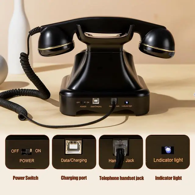 Alt view image 6 of 6 - Bluetooth Landline Phone, Retro Rotary Phone with Speakerphone, Music Playback, Voice Assistant Wake-Up, USB Charging for Home Office, Living Room, Bedside (Large Black)