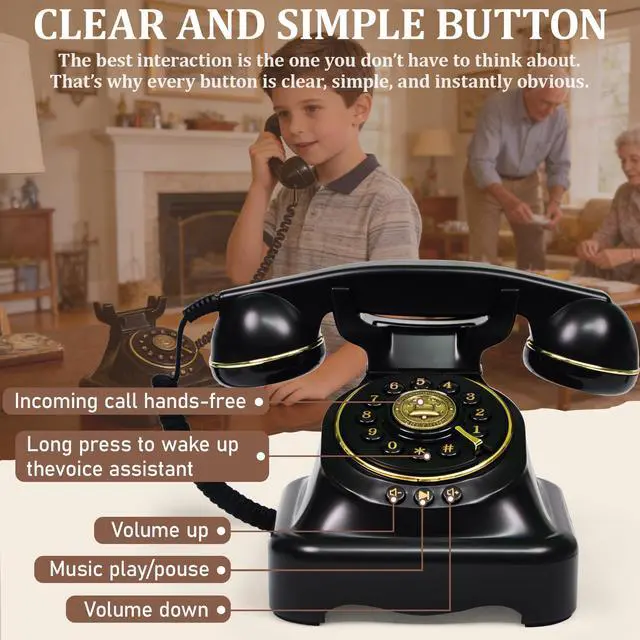 Alt view image 3 of 6 - Bluetooth Landline Phone, Retro Rotary Phone with Speakerphone, Music Playback, Voice Assistant Wake-Up, USB Charging for Home Office, Living Room, Bedside (Large Black)