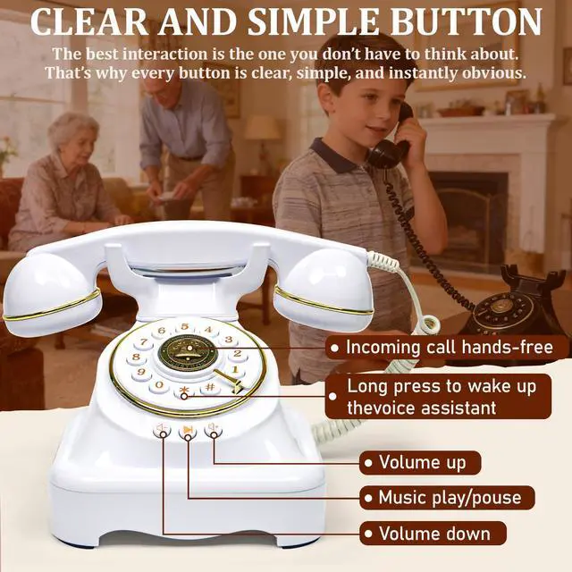 Alt view image 3 of 7 - Bluetooth Landline Phone, Retro Rotary Phone with Speakerphone, Music Playback, Voice Assistant Wake-Up, USB Charging for Home Office, Living Room, Bedside (Large White)
