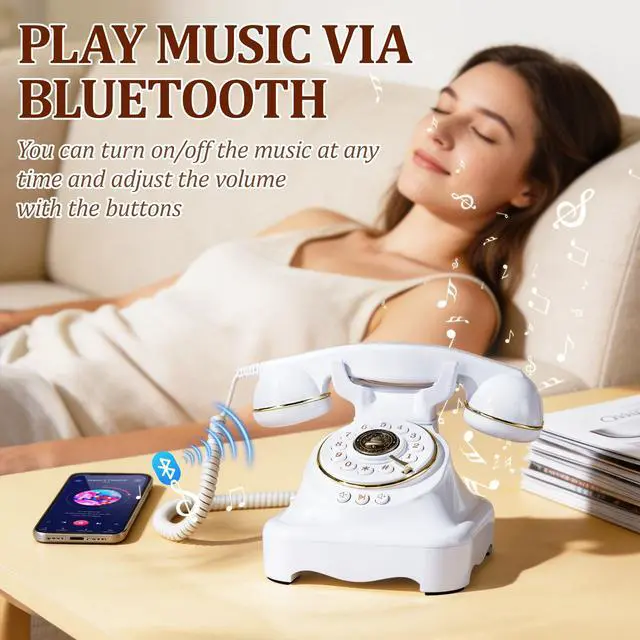 Alt view image 4 of 7 - Bluetooth Landline Phone, Retro Rotary Phone with Speakerphone, Music Playback, Voice Assistant Wake-Up, USB Charging for Home Office, Living Room, Bedside (Large White)