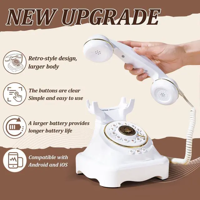 Alt view image 2 of 7 - Bluetooth Landline Phone, Retro Rotary Phone with Speakerphone, Music Playback, Voice Assistant Wake-Up, USB Charging for Home Office, Living Room, Bedside (Large White)