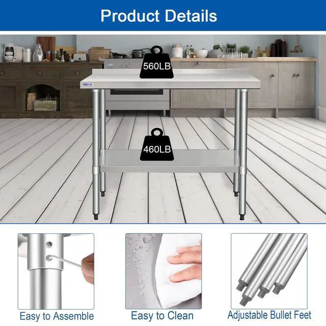 Alt view image 4 of 7 - HARDURA Stainless Steel Table with Backsplash Metel Prep Table Commercial Kitchen Workbench 24x60 Inches NSF