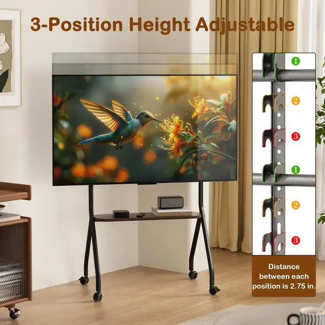 Alt view image 3 of 7 - Rolling TV Stand for 49-75 Inch LCD LED OLED Flat/Curved Panel Screen TVs, Mobile TV Stand with Wheels, Height Adjustable TV Floor Stand, Holds up to 110 Lbs, Max VESA 600 x 600 mm, Black