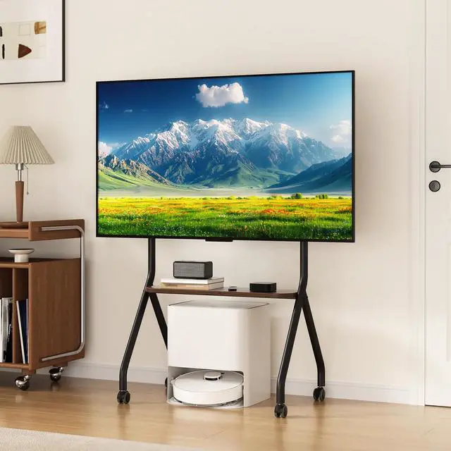 Alt view image 6 of 7 - Rolling TV Stand for 49-75 Inch LCD LED OLED Flat/Curved Panel Screen TVs, Mobile TV Stand with Wheels, Height Adjustable TV Floor Stand, Holds up to 110 Lbs, Max VESA 600 x 600 mm, Black