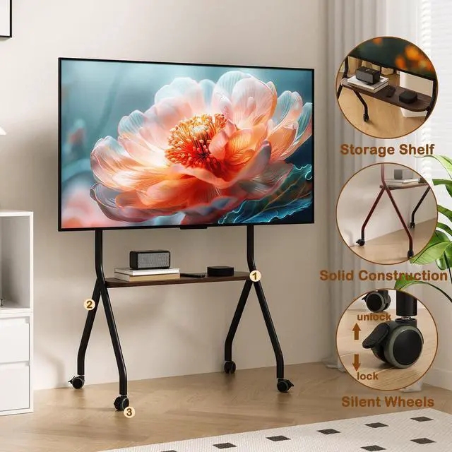 Alt view image 4 of 7 - Rolling TV Stand for 49-75 Inch LCD LED OLED Flat/Curved Panel Screen TVs, Mobile TV Stand with Wheels, Height Adjustable TV Floor Stand, Holds up to 110 Lbs, Max VESA 600 x 600 mm, Black