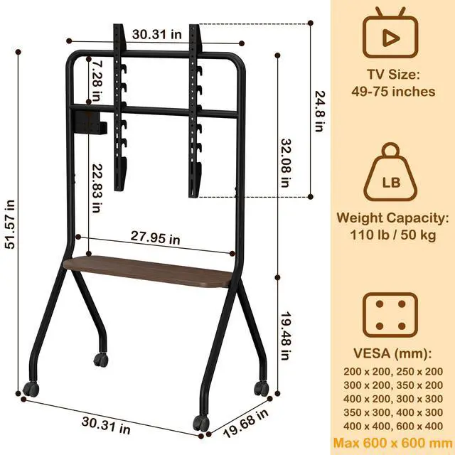 Alt view image 2 of 7 - Rolling TV Stand for 49-75 Inch LCD LED OLED Flat/Curved Panel Screen TVs, Mobile TV Stand with Wheels, Height Adjustable TV Floor Stand, Holds up to 110 Lbs, Max VESA 600 x 600 mm, Black