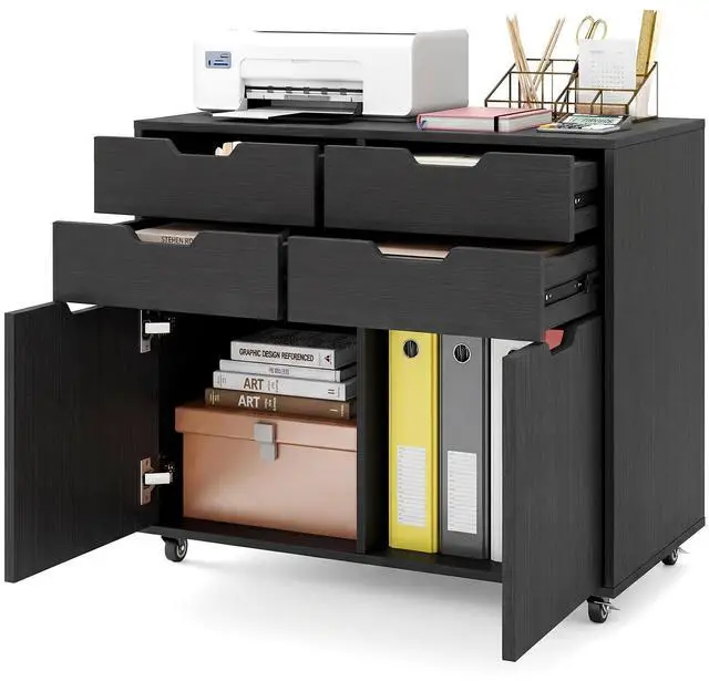 Main image of 4-Drawer File Cabinet, Rolling Printer Stand with 2 Lockable Wheels, Wooden Lateral Filing Cabinet, Load 298 Lbs, Under Desk Craft Storage Organizer for Home Office Organization (Black)