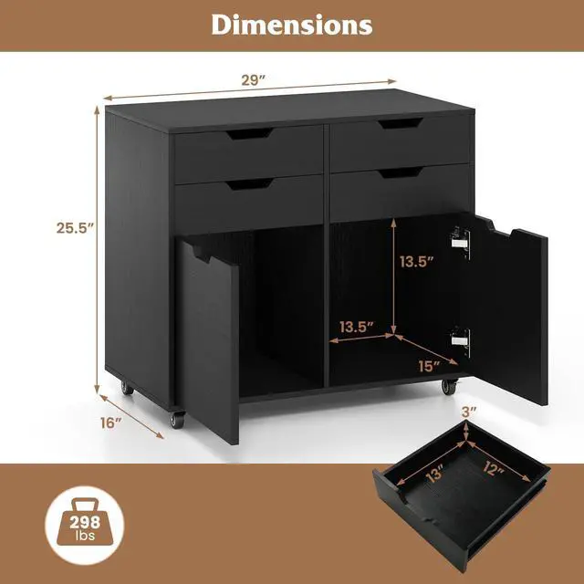 Alt view image 3 of 7 - 4-Drawer File Cabinet, Rolling Printer Stand with 2 Lockable Wheels, Wooden Lateral Filing Cabinet, Load 298 Lbs, Under Desk Craft Storage Organizer for Home Office Organization (Black)