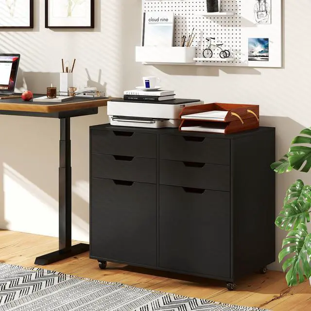 Alt view image 2 of 7 - 4-Drawer File Cabinet, Rolling Printer Stand with 2 Lockable Wheels, Wooden Lateral Filing Cabinet, Load 298 Lbs, Under Desk Craft Storage Organizer for Home Office Organization (Black)
