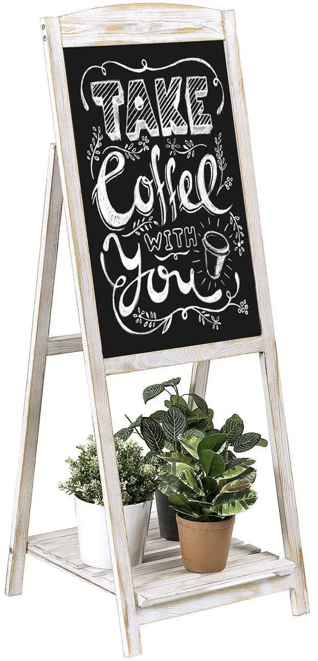 Main image of 45" Shabby Whitewashed Wood A-Frame Chalkboard Easel with Shelf | Standing Message Display Menu Writing Surface Event Party Announcement Business Décor Freestanding Presentation Rustic Accent