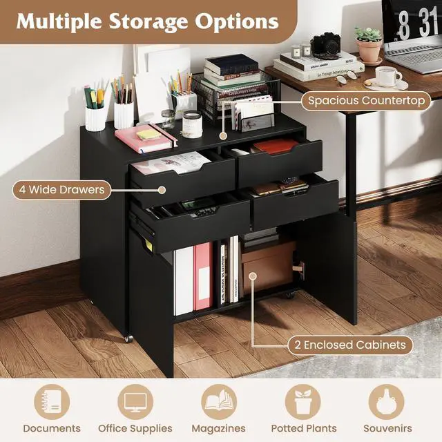 Alt view image 4 of 7 - 4-Drawer File Cabinet, Rolling Printer Stand with 2 Lockable Wheels, Wooden Lateral Filing Cabinet, Load 298 Lbs, Under Desk Craft Storage Organizer for Home Office Organization (Black)