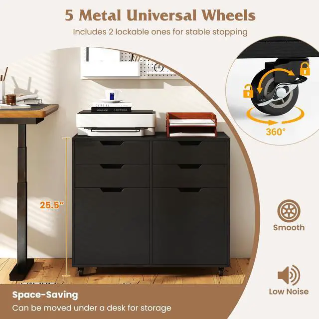 Alt view image 7 of 7 - 4-Drawer File Cabinet, Rolling Printer Stand with 2 Lockable Wheels, Wooden Lateral Filing Cabinet, Load 298 Lbs, Under Desk Craft Storage Organizer for Home Office Organization (Black)