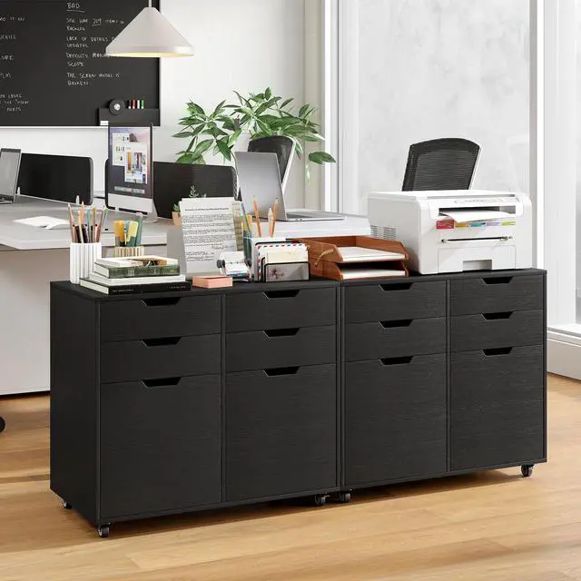 Alt view image 6 of 7 - 4-Drawer File Cabinet, Rolling Printer Stand with 2 Lockable Wheels, Wooden Lateral Filing Cabinet, Load 298 Lbs, Under Desk Craft Storage Organizer for Home Office Organization (Black)
