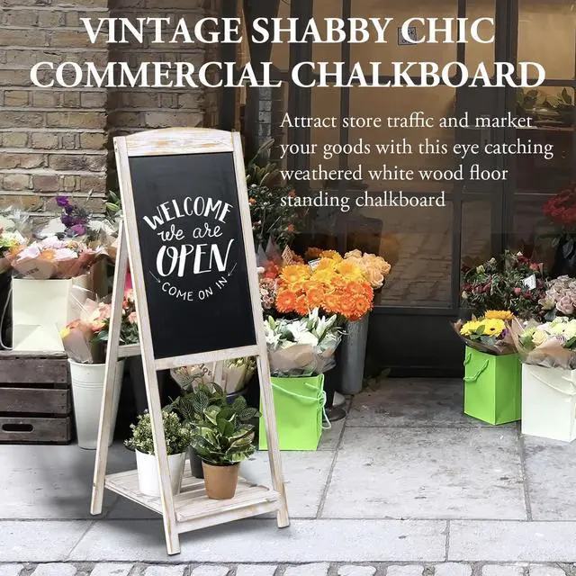 Alt view image 2 of 7 - 45" Shabby Whitewashed Wood A-Frame Chalkboard Easel with Shelf | Standing Message Display Menu Writing Surface Event Party Announcement Business Décor Freestanding Presentation Rustic Accent