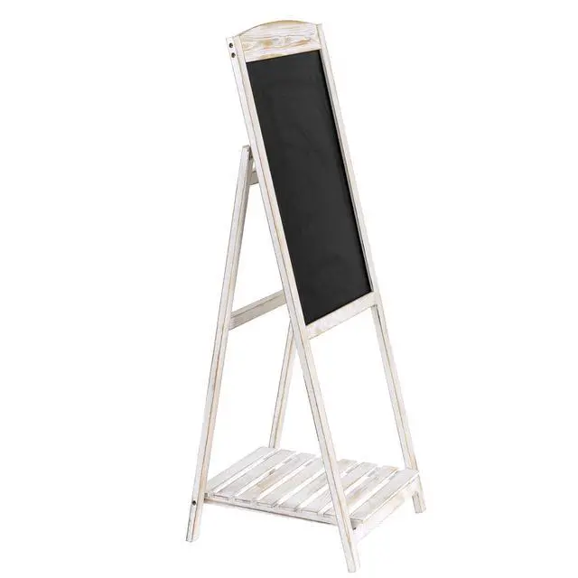 Alt view image 5 of 7 - 45" Shabby Whitewashed Wood A-Frame Chalkboard Easel with Shelf | Standing Message Display Menu Writing Surface Event Party Announcement Business Décor Freestanding Presentation Rustic Accent