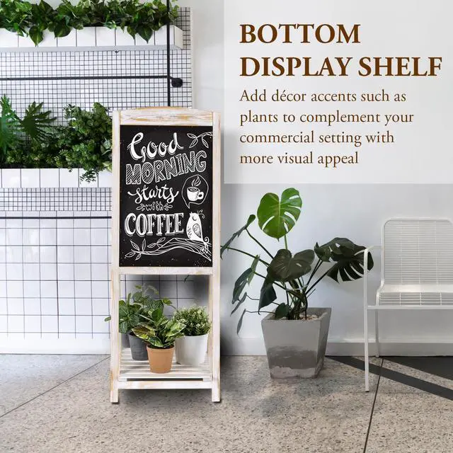 Alt view image 3 of 7 - 45" Shabby Whitewashed Wood A-Frame Chalkboard Easel with Shelf | Standing Message Display Menu Writing Surface Event Party Announcement Business Décor Freestanding Presentation Rustic Accent