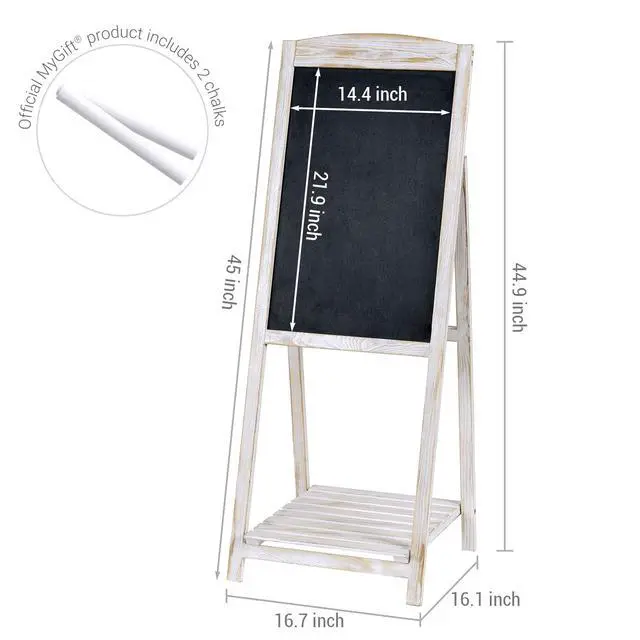 Alt view image 6 of 7 - 45" Shabby Whitewashed Wood A-Frame Chalkboard Easel with Shelf | Standing Message Display Menu Writing Surface Event Party Announcement Business Décor Freestanding Presentation Rustic Accent