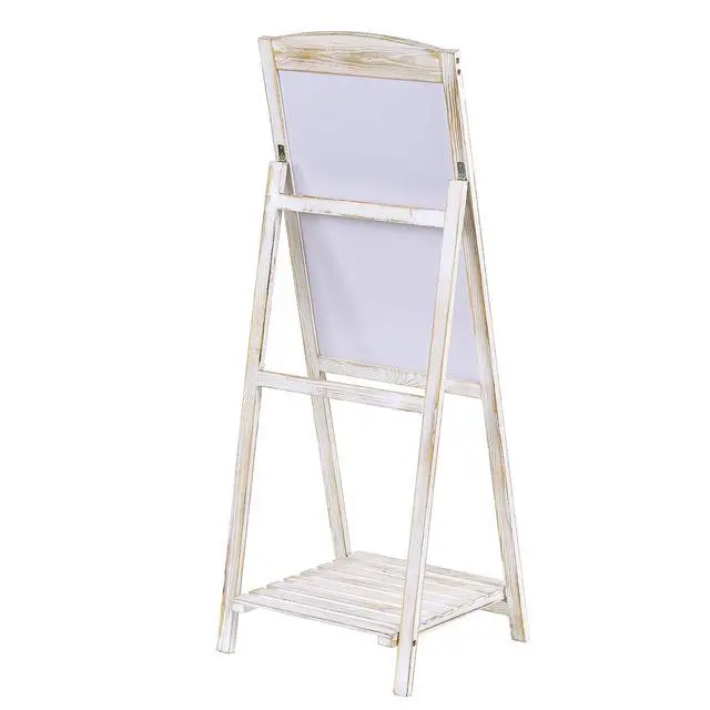 Alt view image 7 of 7 - 45" Shabby Whitewashed Wood A-Frame Chalkboard Easel with Shelf | Standing Message Display Menu Writing Surface Event Party Announcement Business Décor Freestanding Presentation Rustic Accent